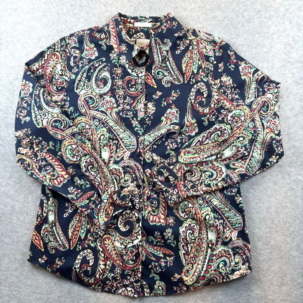 Chico's Women's Paisley Wrinkle Resistant Cotton Button Down Shirt Size 1 US 8 M